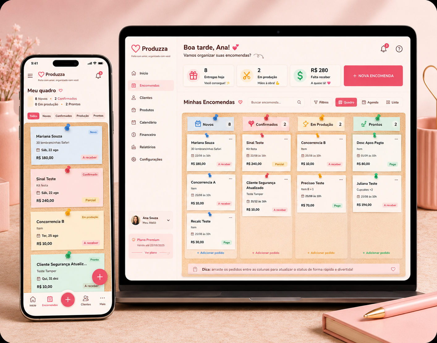 Produzza aberto no notebook com o mural de encomendas e no celular com a produção de hoje